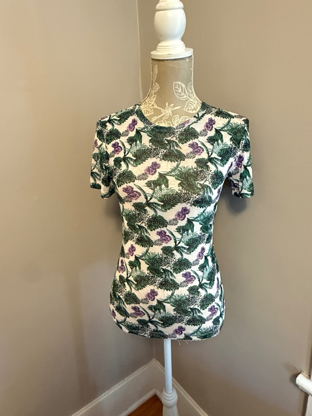 Maje Thomasi Floral Print Tulle Mesh T-Shirt Green Purple Size 1 US 4